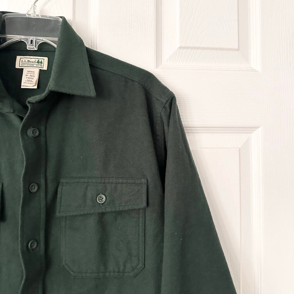 LL Bean Men Dark Green Button Down Cotton Chamois Flannel Shirt MT03 Medium - Picture 4 of 8